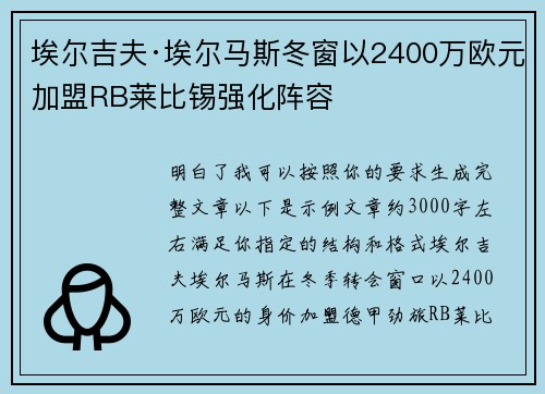 埃尔吉夫·埃尔马斯冬窗以2400万欧元加盟RB莱比锡强化阵容